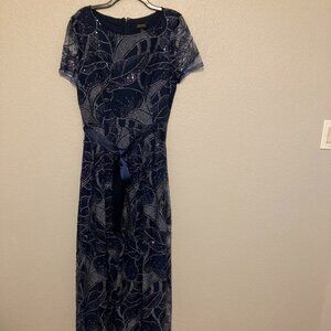 Tahari Navy and Silver Embellished Wedding Dress